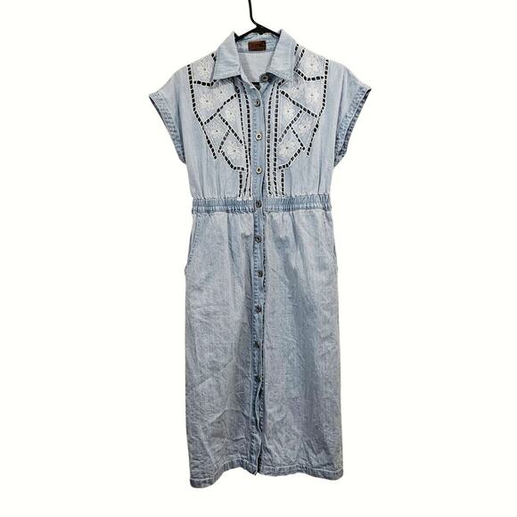 POL Denim Button Front Elastic Waist Cotton Midi Dress Size Small - Picture 2 of 8